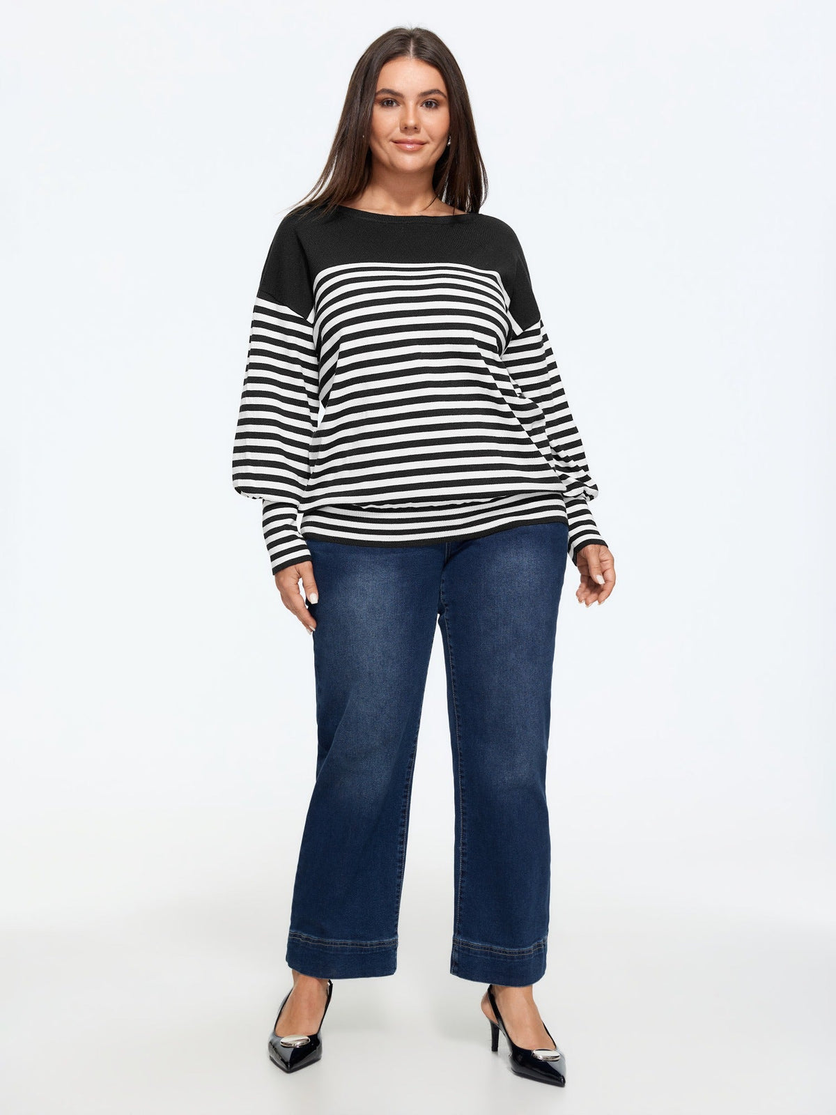 Color Block Stripe Balloon Sleeve Casual Pullover
