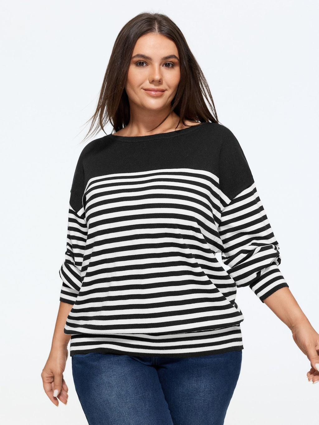 Color Block Stripe Balloon Sleeve Casual Pullover