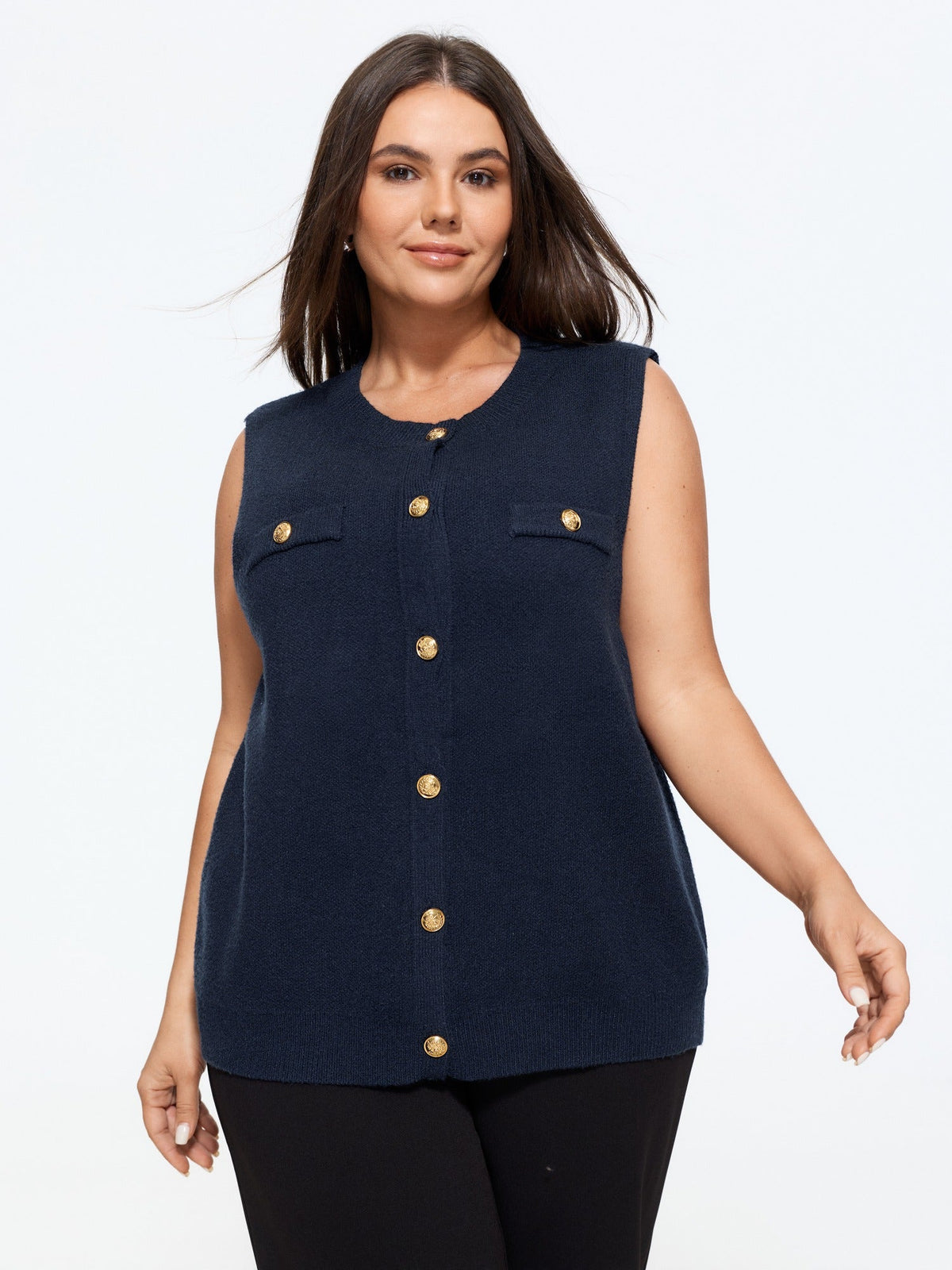 Supersoft Crew Neck Gold Button Front Sweater Vest