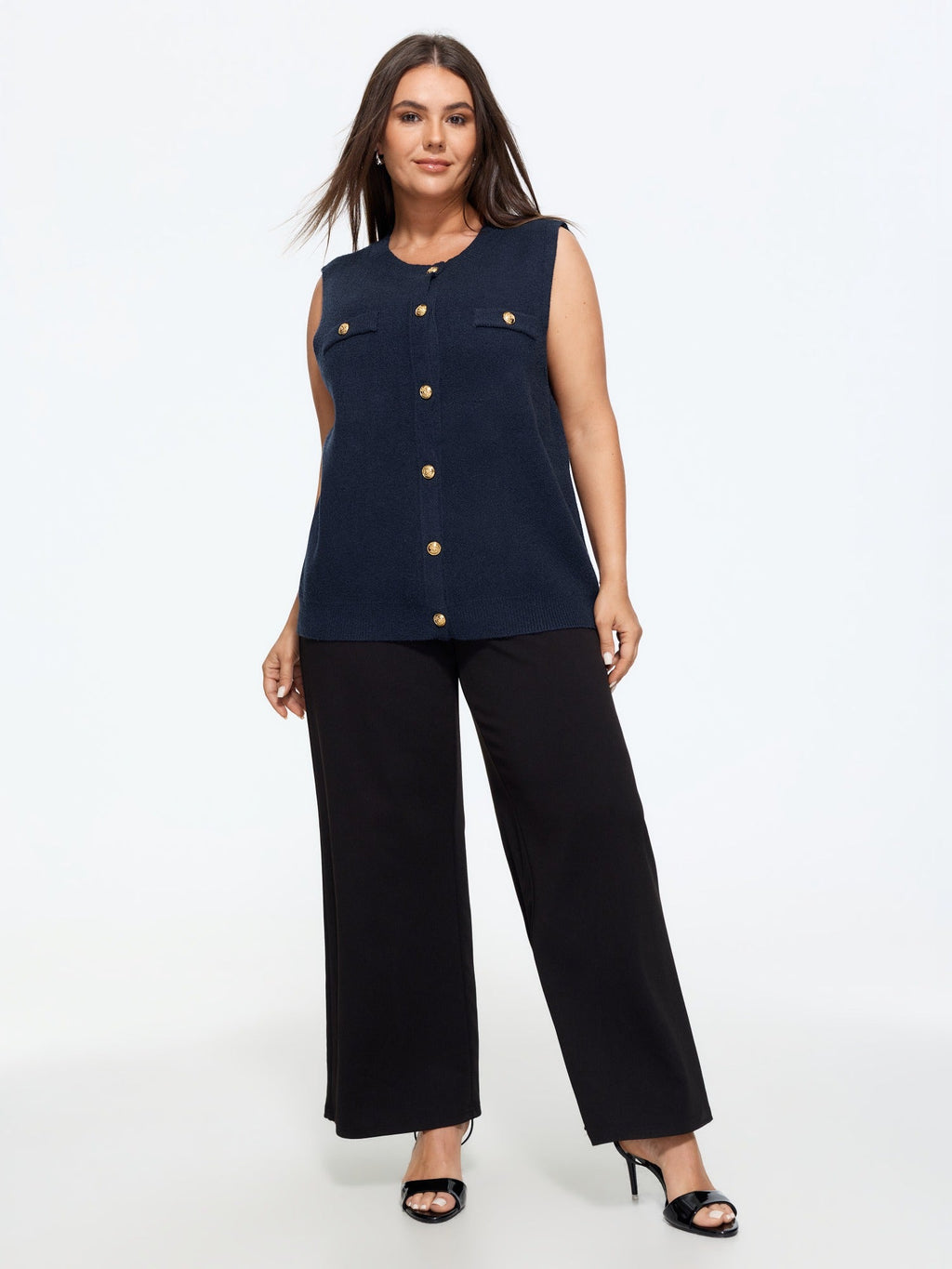 Supersoft Crew Neck Gold Button Front Sweater Vest