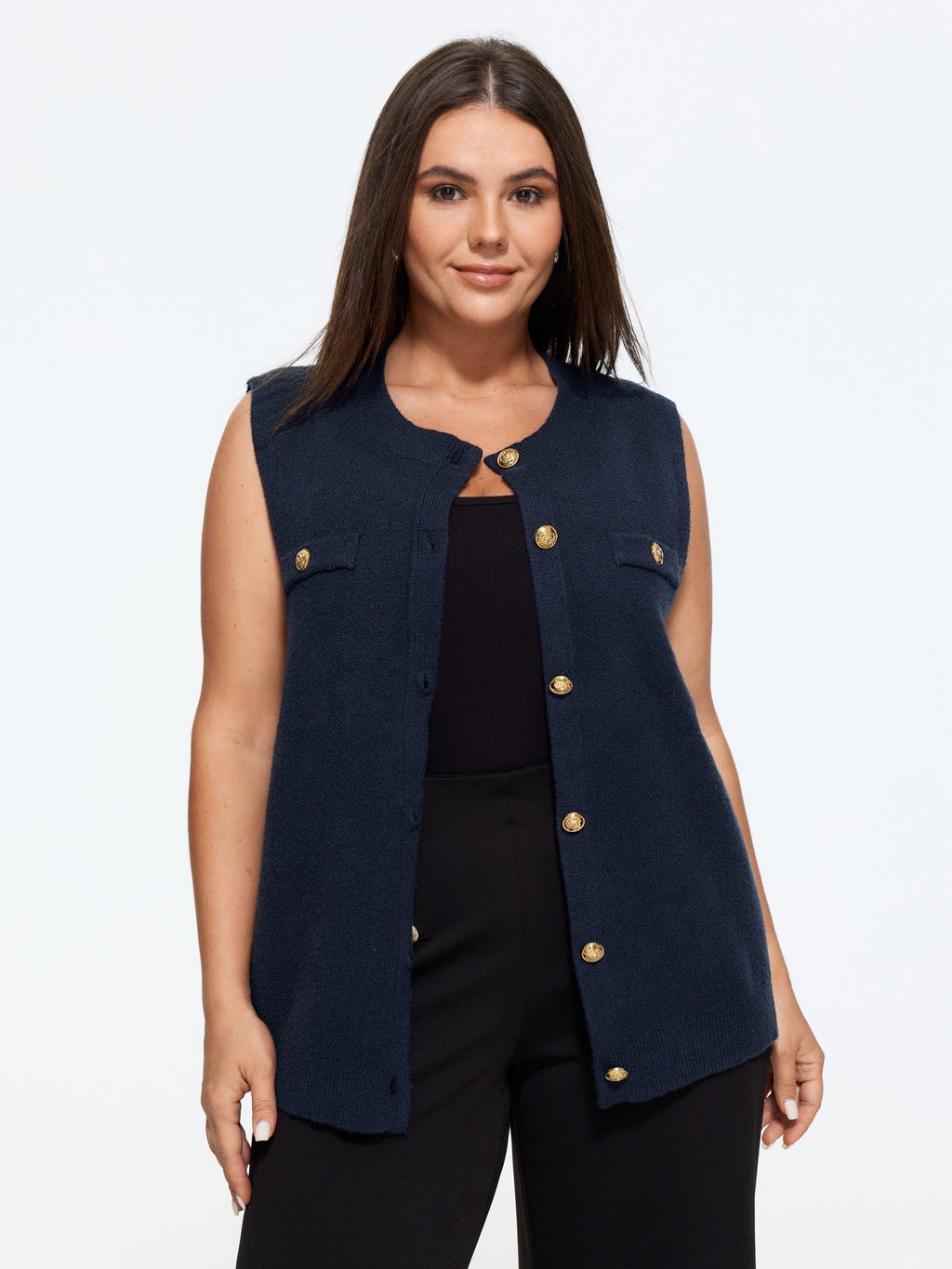 Supersoft Crew Neck Gold Button Front Sweater Vest