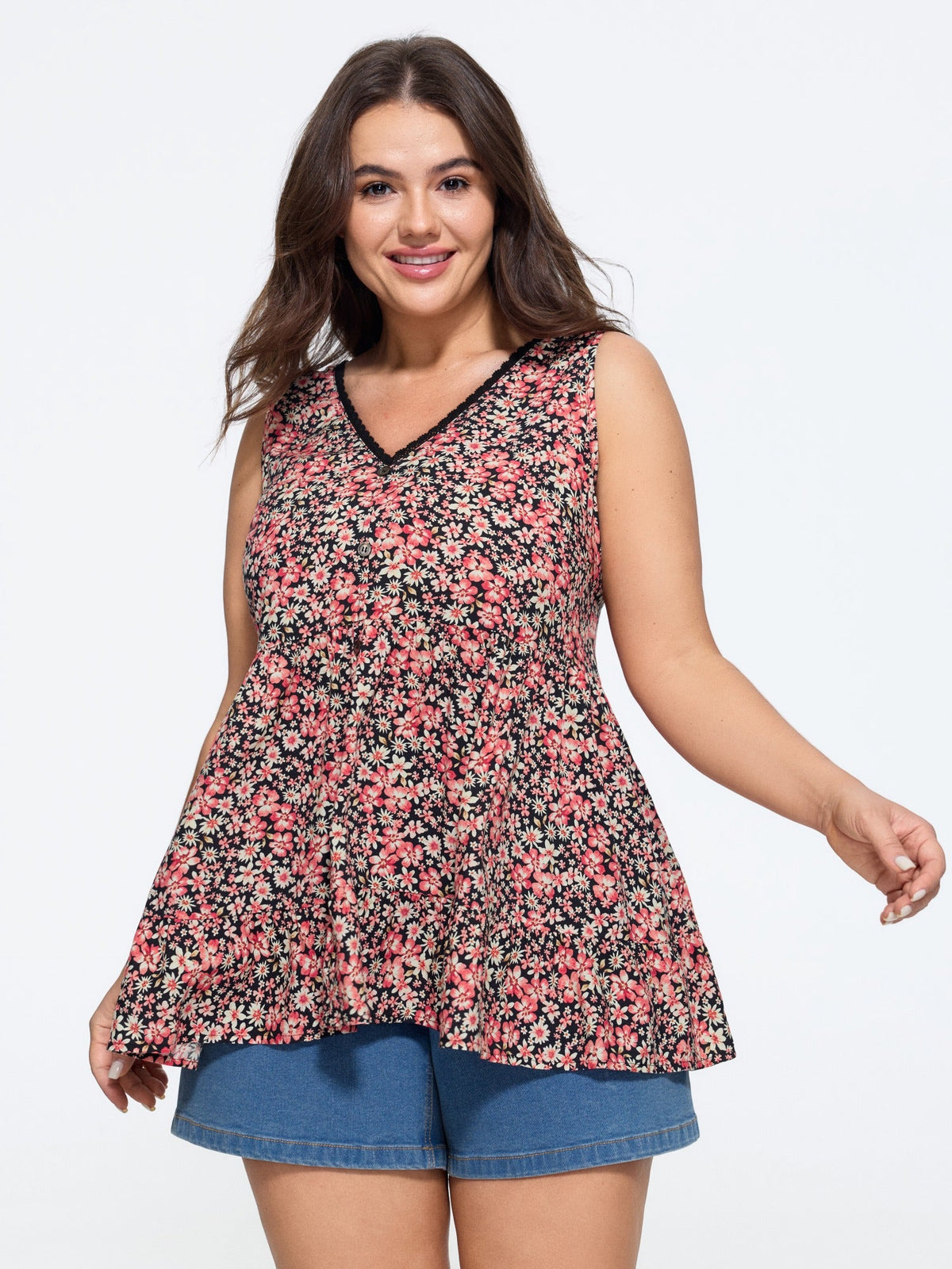 Supersoft Ditsy Floral Print Lace Trim Tank Top