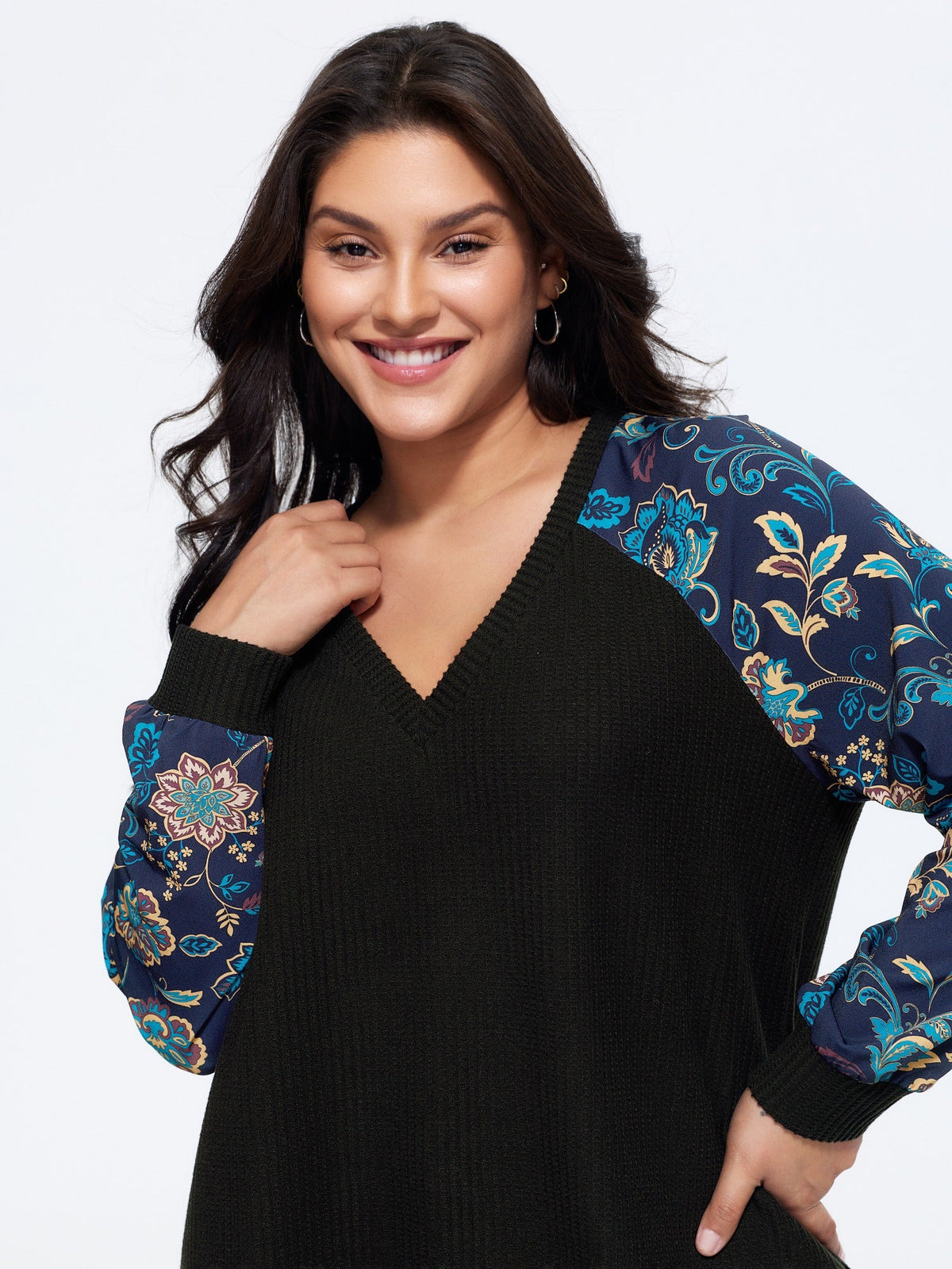 Stretch Floral Print Raglan Sleeve Sweatshirt