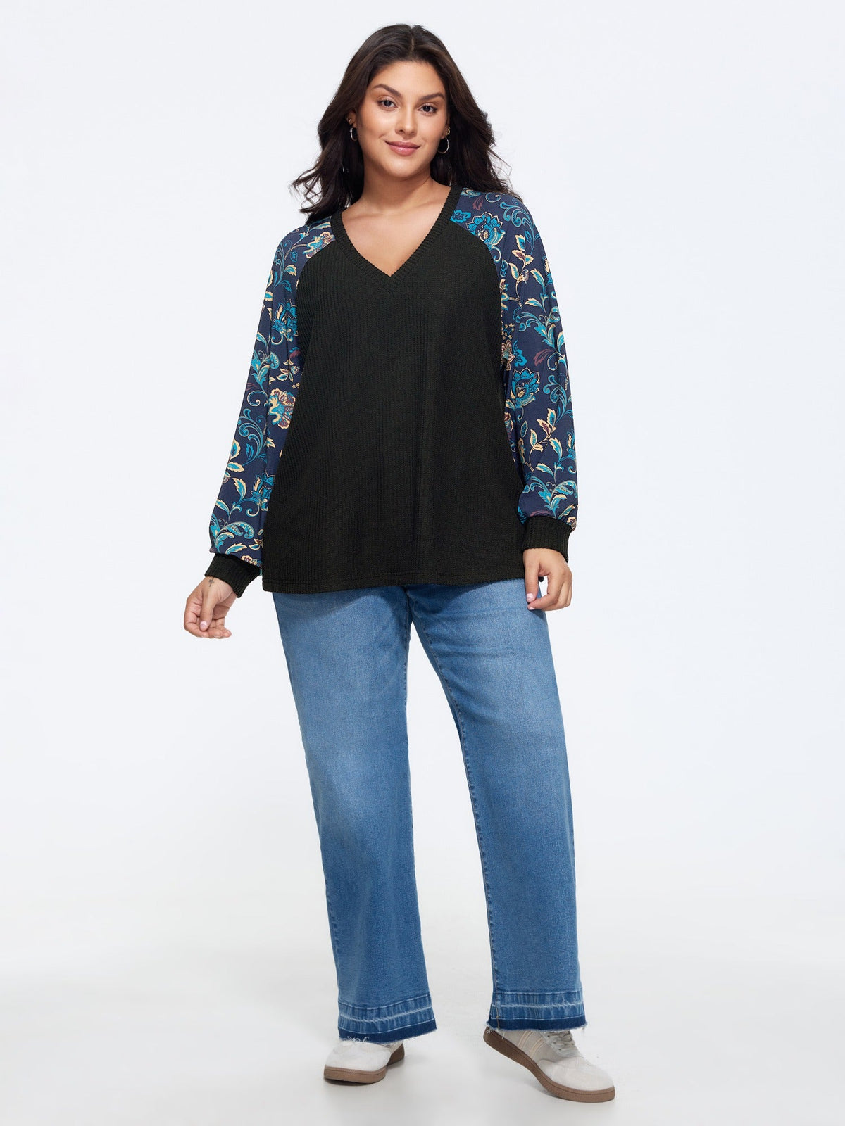 Stretch Floral Print Raglan Sleeve Sweatshirt