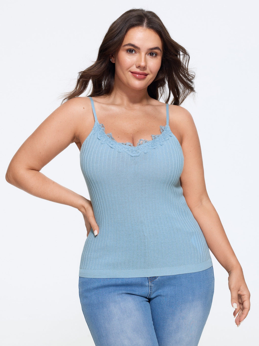 V‑Neck Lace Trim Ribbed Knit Cami Top