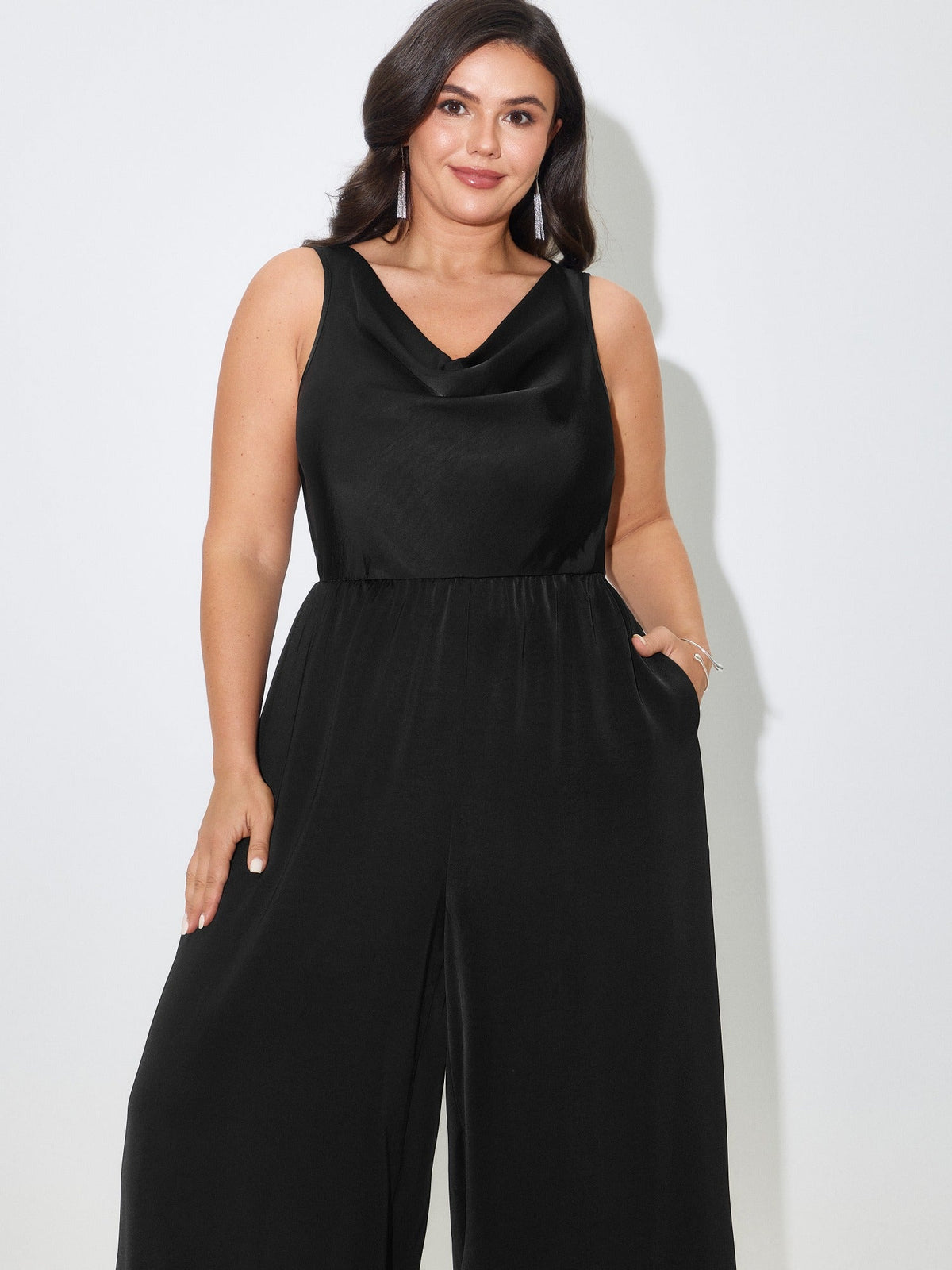 Satin Cowl Neck Pocket Sleeveless Jumpsuit