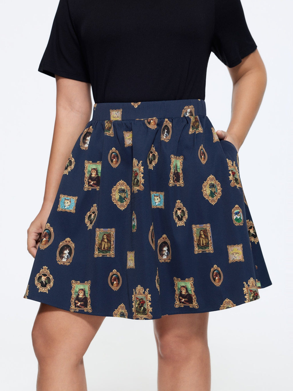 Retro Cat Frame Print Pockets Skirt