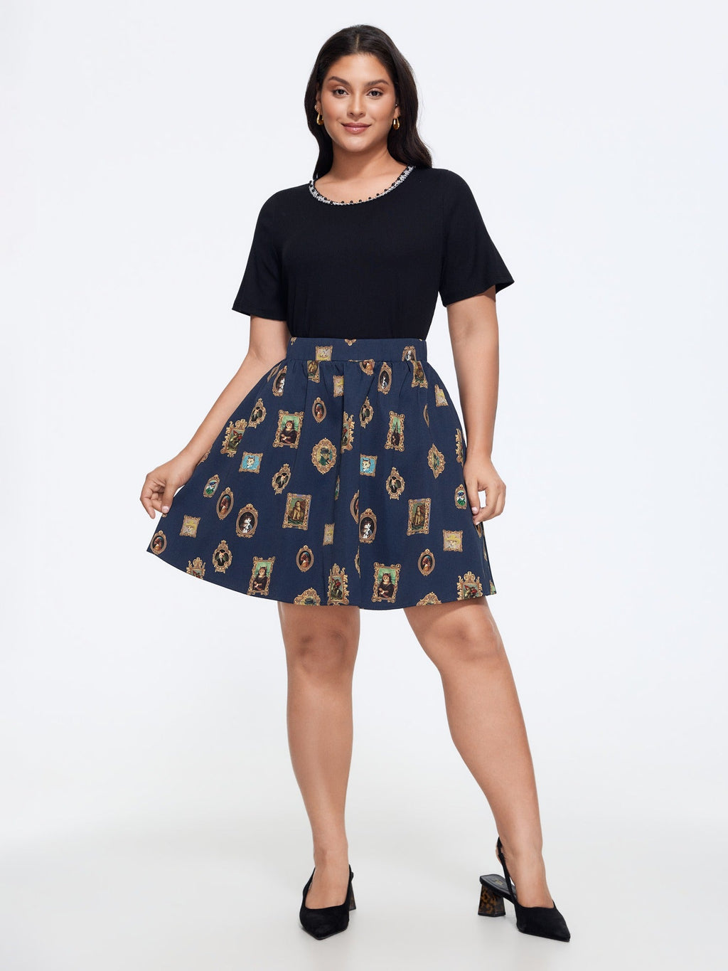 Retro Cat Frame Print Pockets Skirt