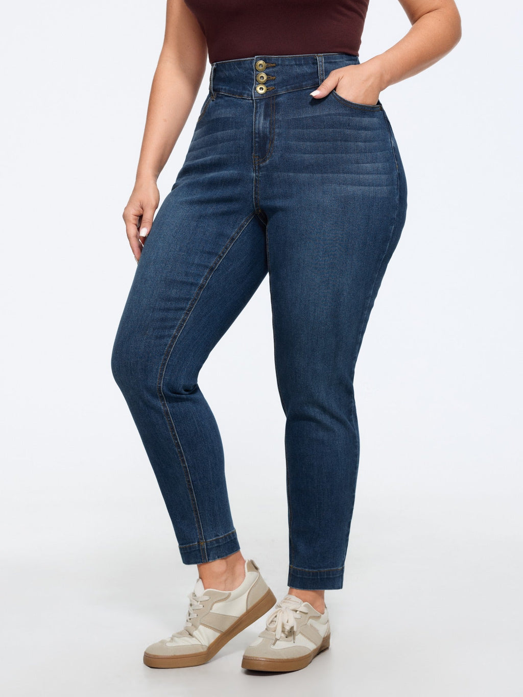 Stretch Triple‑Button Closure Skinny Jeans