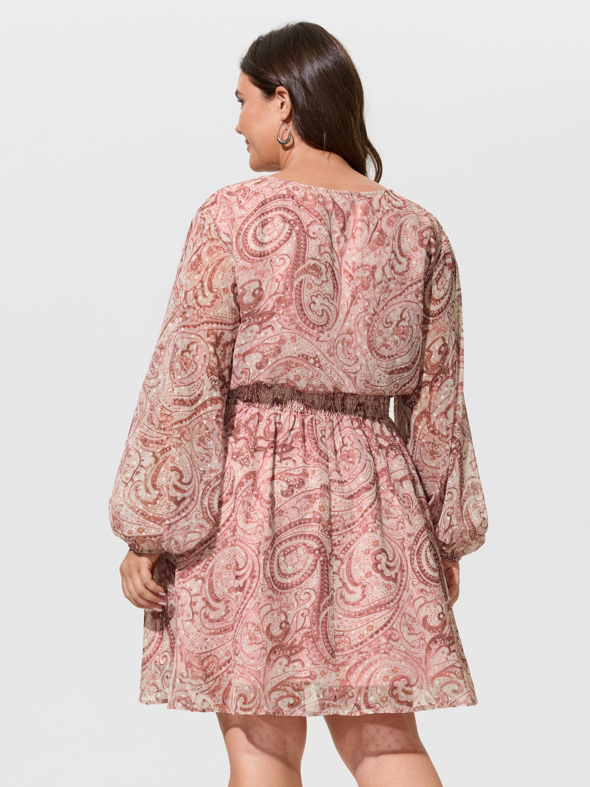 Paisley Print Tie Keyhole Neck Shirred Waist Mini Dress