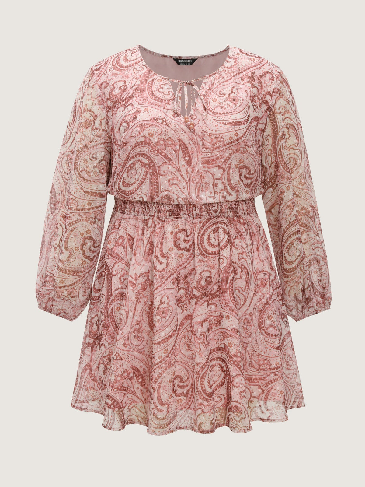 Paisley Print Tie Keyhole Neck Shirred Waist Mini Dress