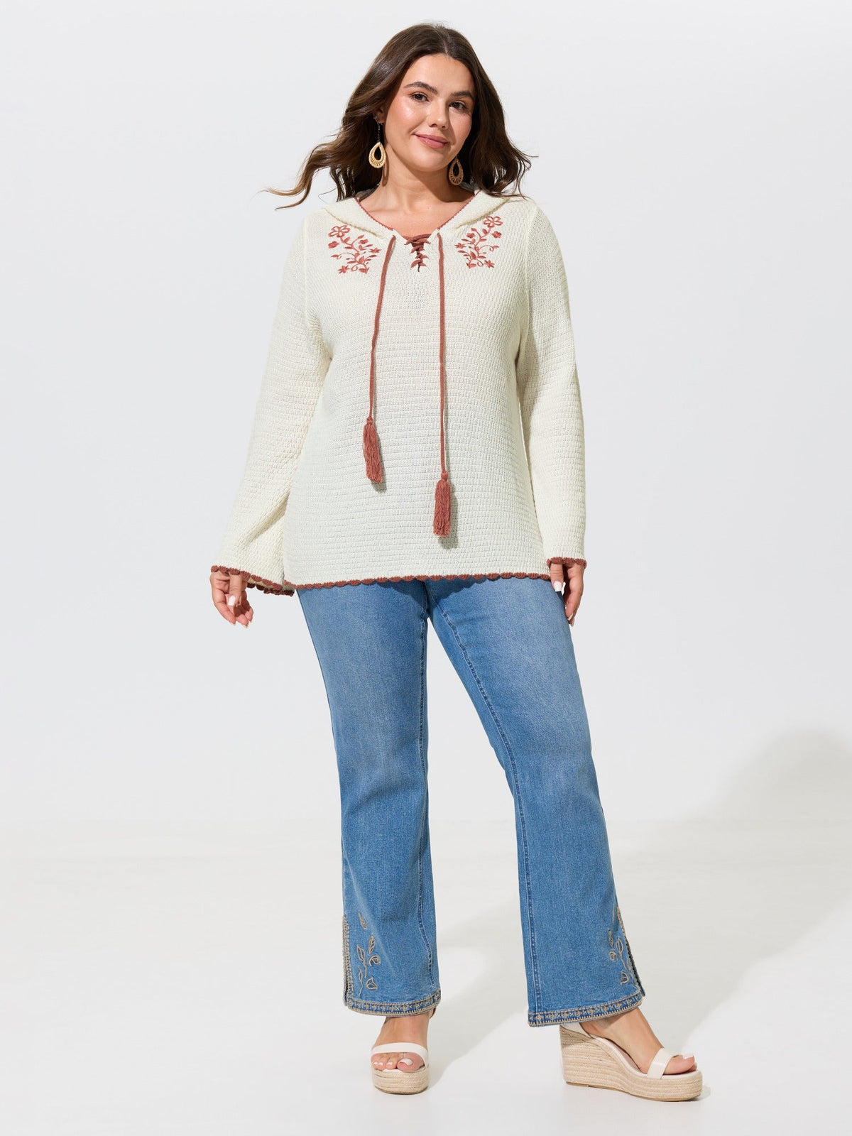 Floral Embroidery Tassel Tie Front Flare Sleeve Pullover