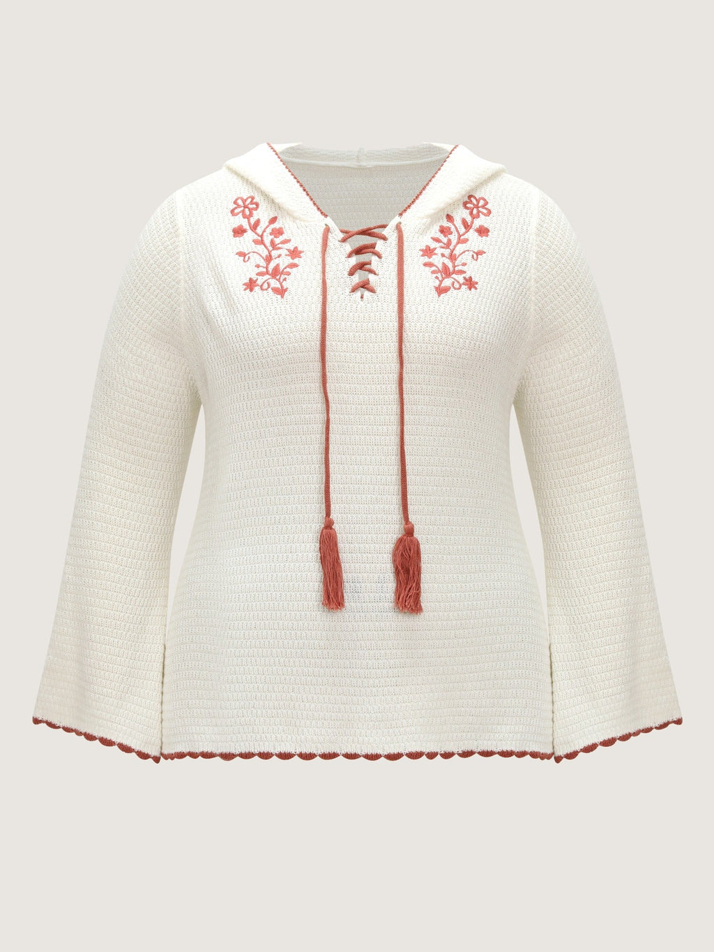 Floral Embroidery Tassel Tie Front Flare Sleeve Pullover