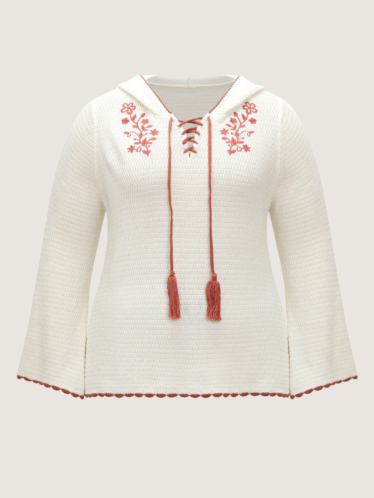 Floral Embroidery Tassel Tie Front Flare Sleeve Pullover