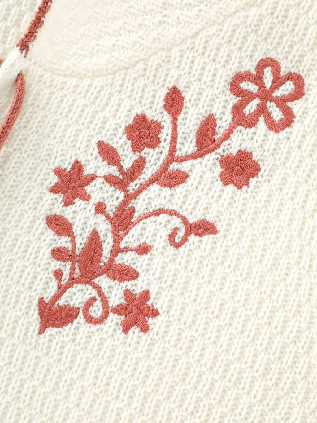 Floral Embroidery Tassel Tie Front Flare Sleeve Pullover