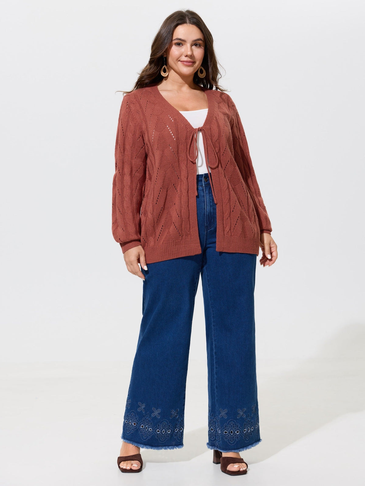 Tie Front Cutout Cable Knit Cardigan