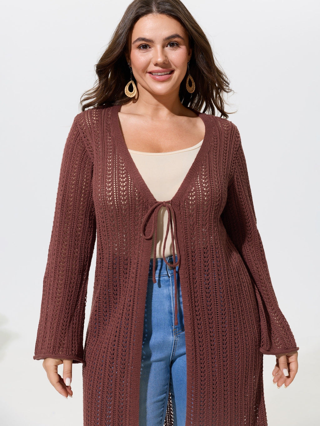 Textured Tie Front Cutout Crochet Cardigan