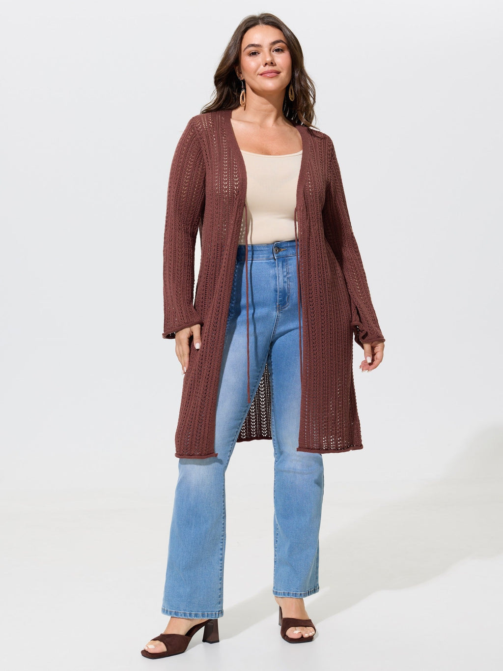 Textured Tie Front Cutout Crochet Cardigan