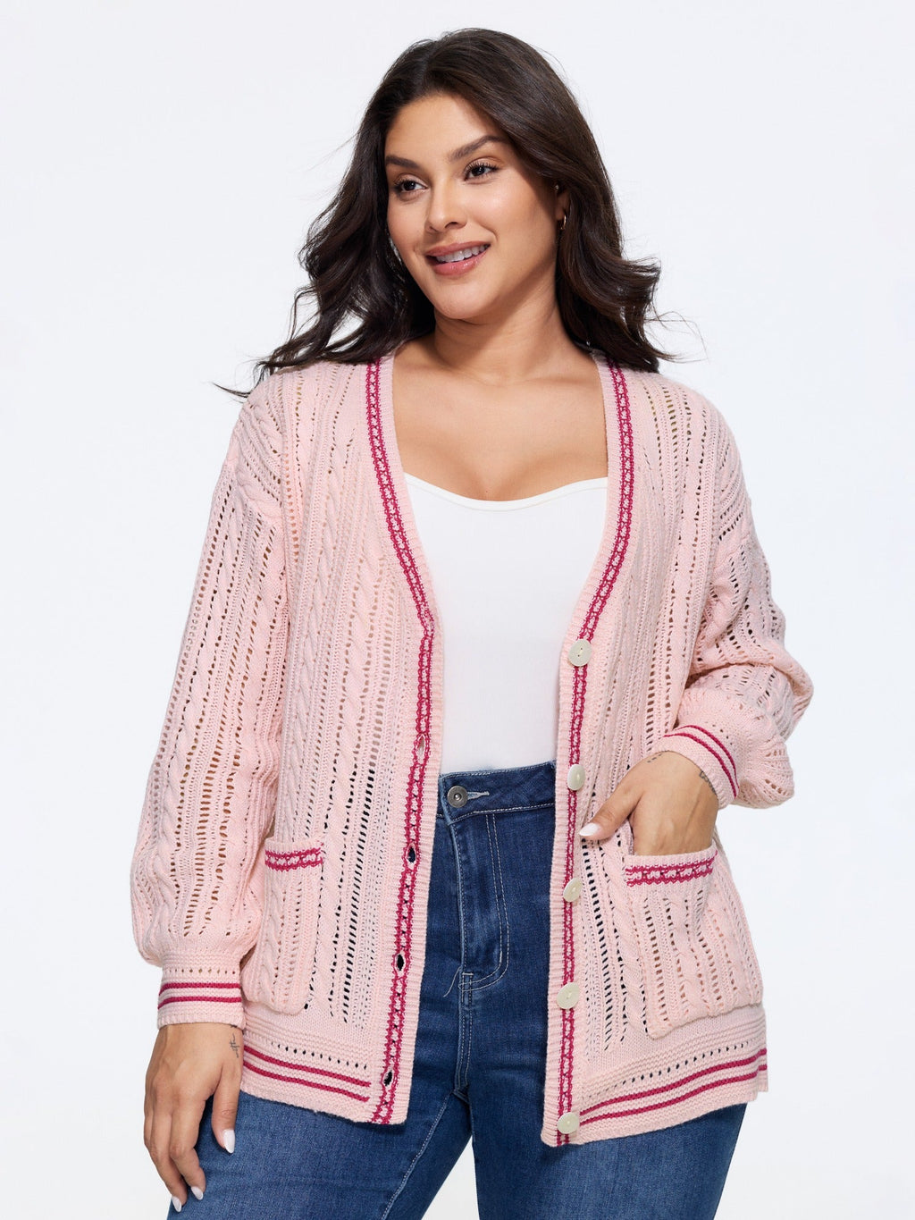 Cutout Contrast Trim Button Front Cardigan