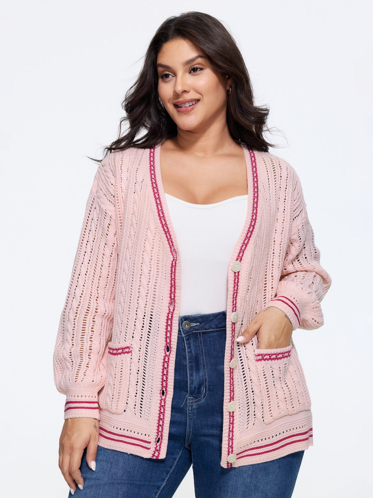 Cutout Contrast Trim Button Front Cardigan