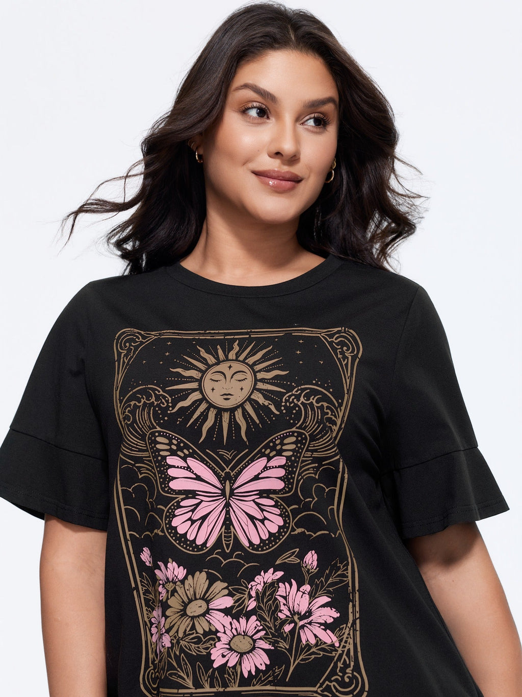 Cotton Sunkissed Floral Print Flared Sleeve T-Shirt