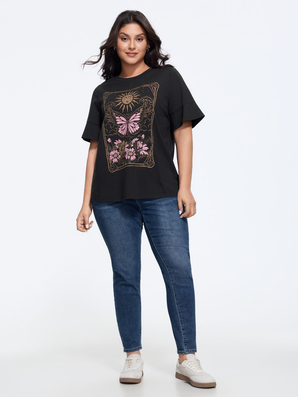 Cotton Sunkissed Floral Print Flared Sleeve T-Shirt