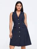 Lapel Collar Metal Button Front Sleeveless Mini Dress