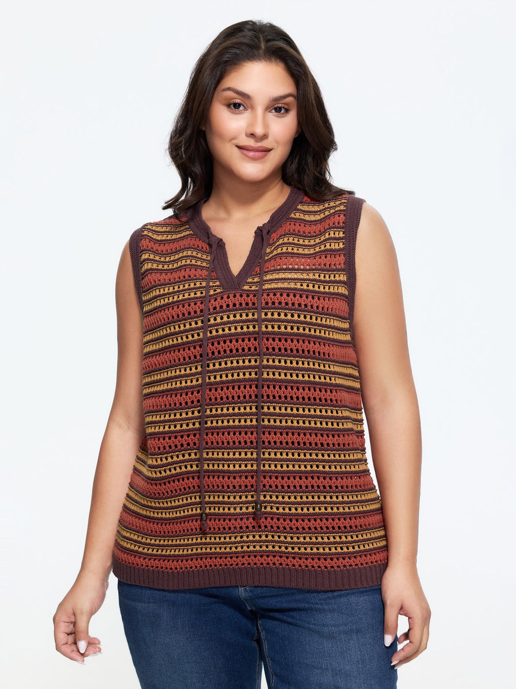 Color Block Striped Cutout Tie Front Sweater Vest
