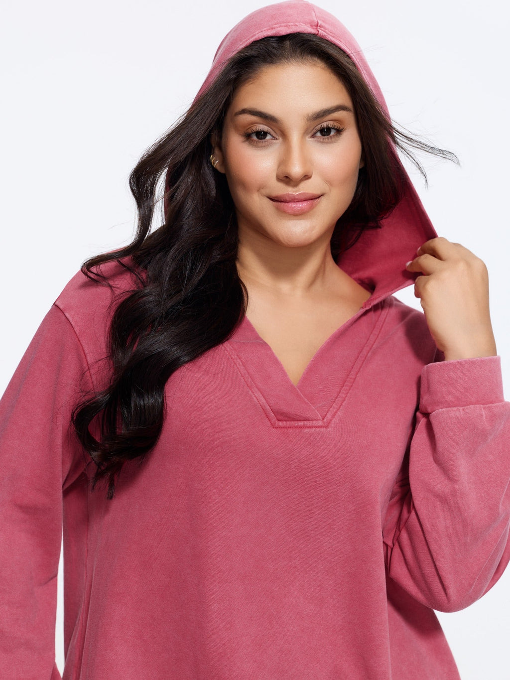 Vintage Washed V-Neck Curved Hem Hoodie