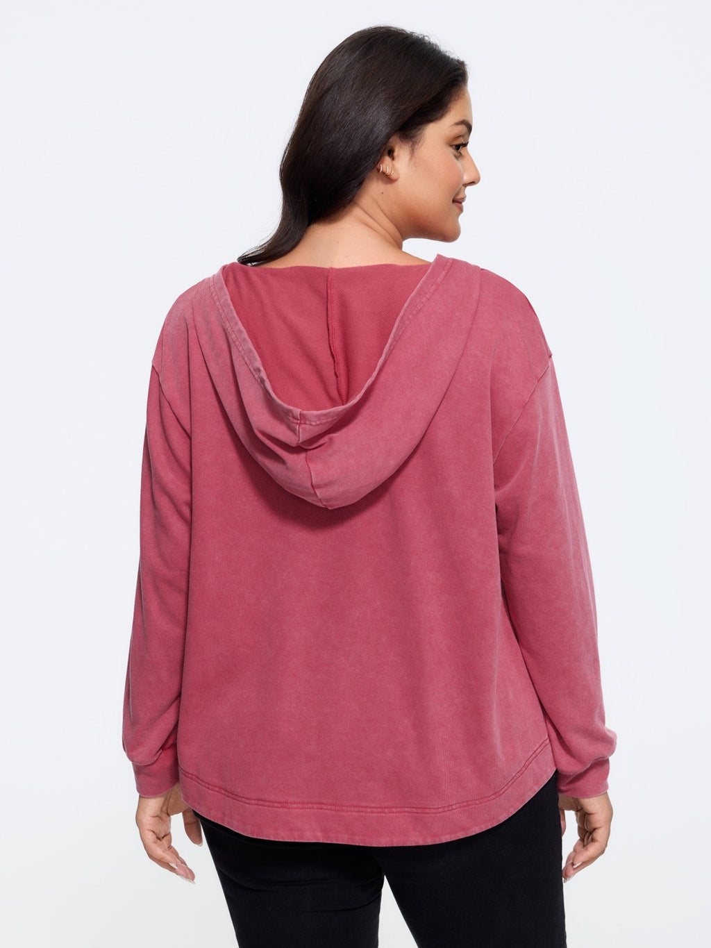 Vintage Washed V-Neck Curved Hem Hoodie