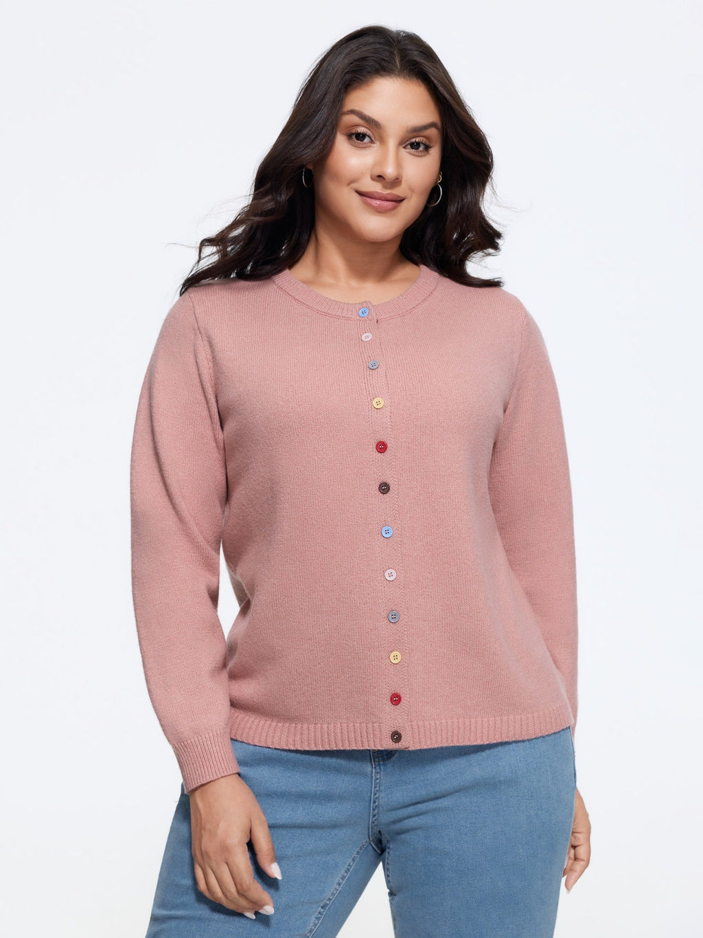 Crew Neck Multi‑Color Buttons Open Front Cardigan
