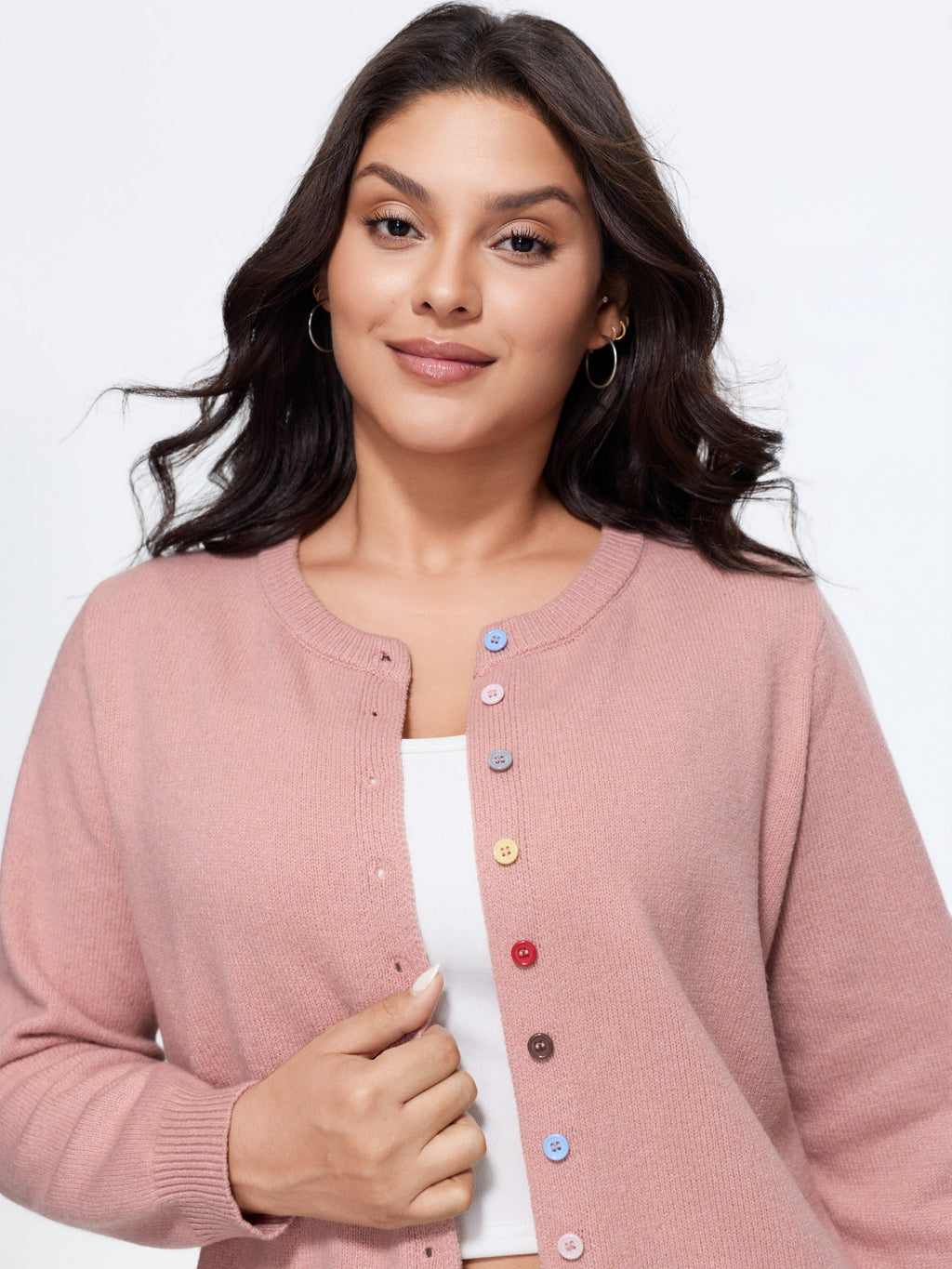 Crew Neck Multi‑Color Buttons Open Front Cardigan