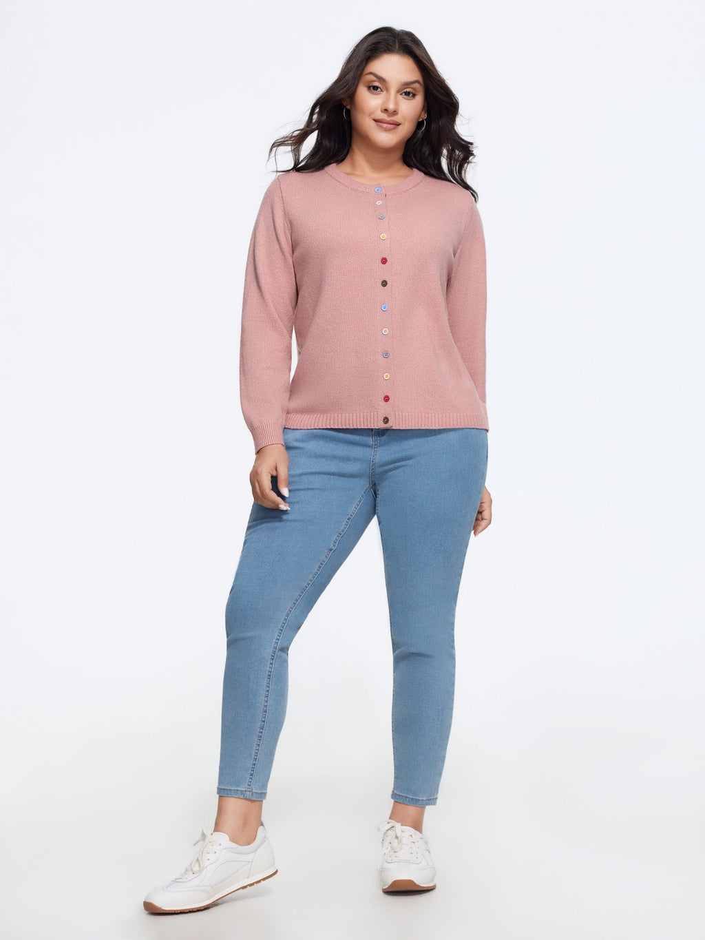 Crew Neck Multi‑Color Buttons Open Front Cardigan