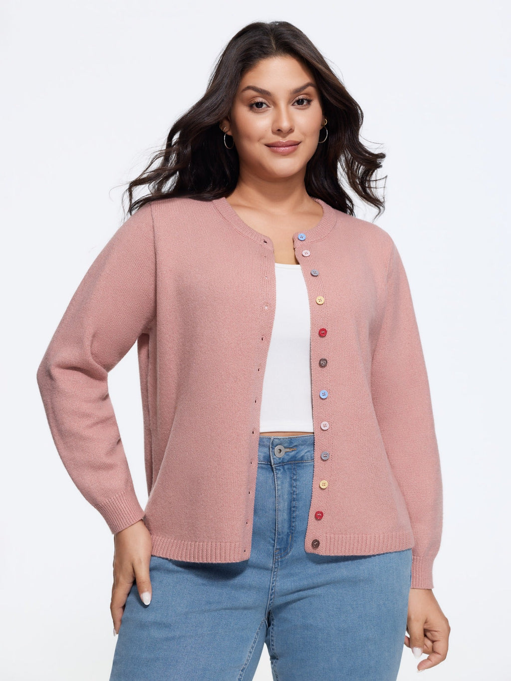 Crew Neck Multi‑Color Buttons Open Front Cardigan