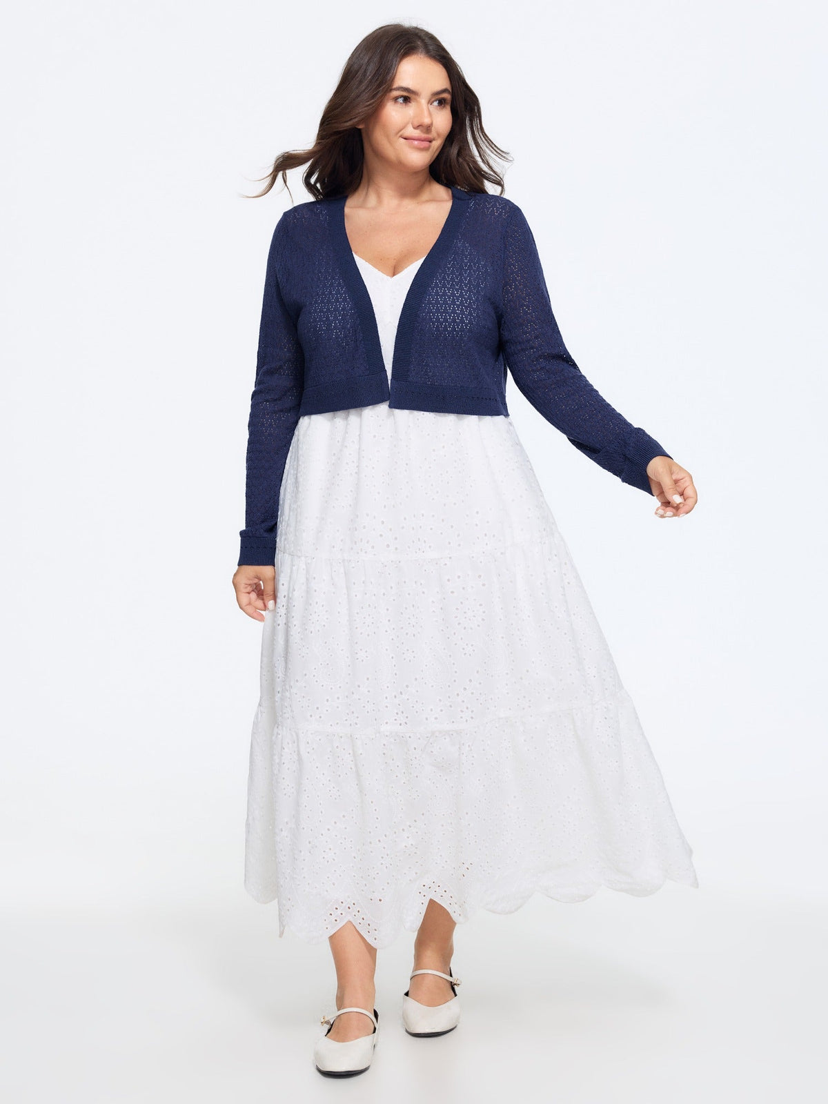 Open Front V Neck Eyelet Cropped Cardigan