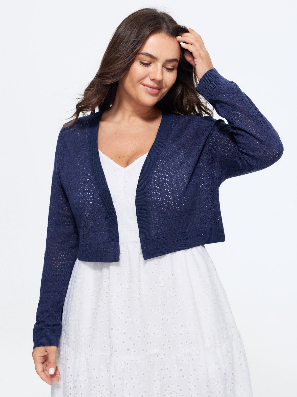 Open Front V Neck Eyelet Cropped Cardigan