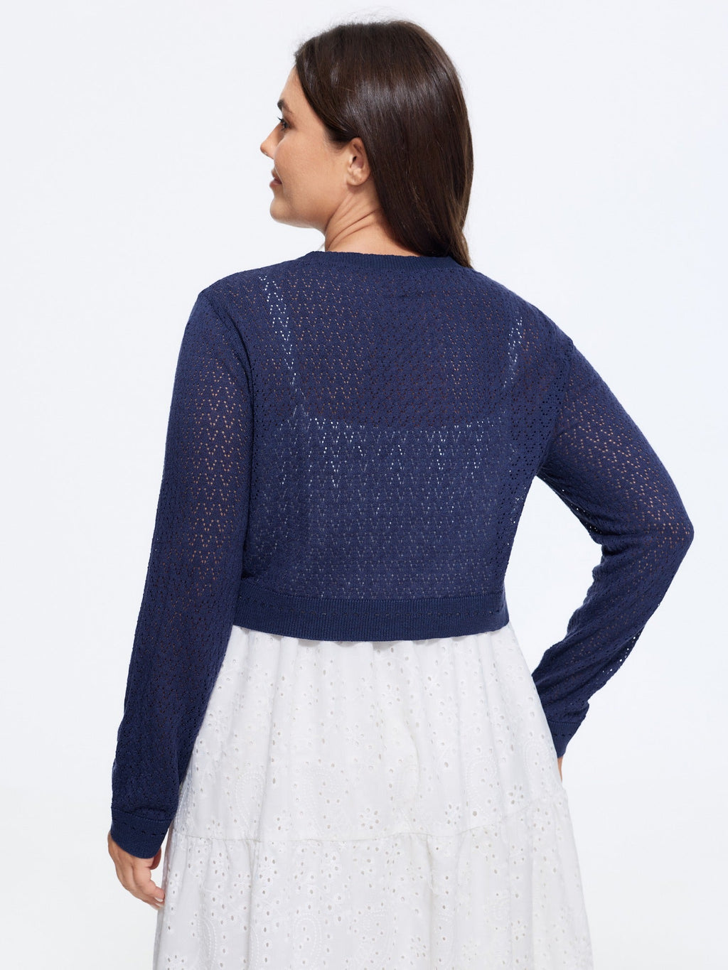 Open Front V Neck Eyelet Cropped Cardigan