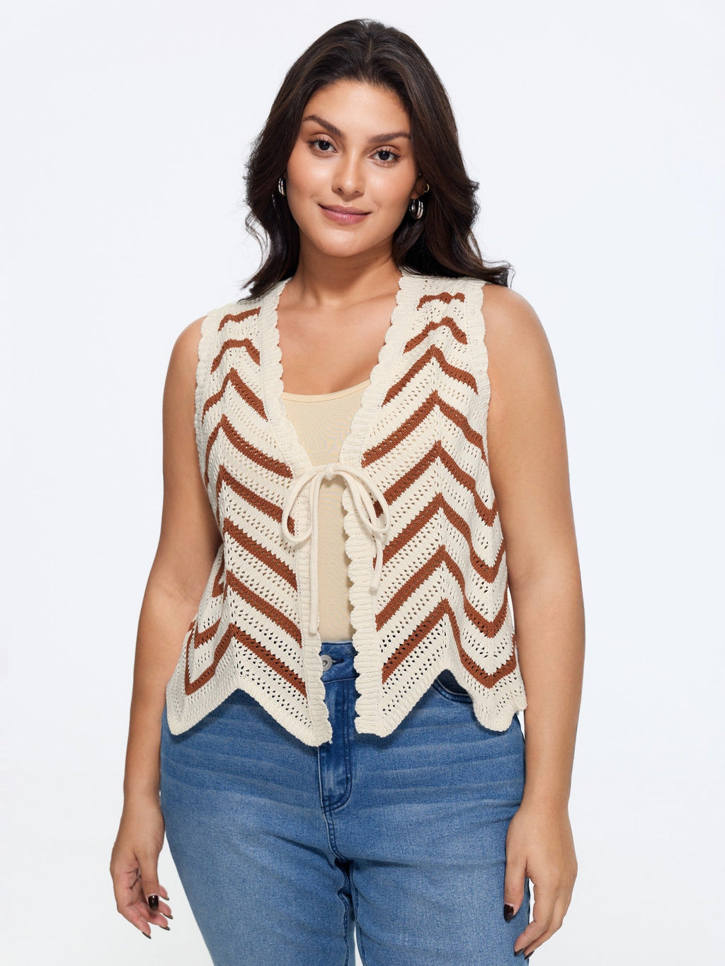Scallop Edge Chevron Knit Front Tie Sweater Vest