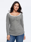 Lace Trim Ruched Ribbed Long Sleeve T-Shirt