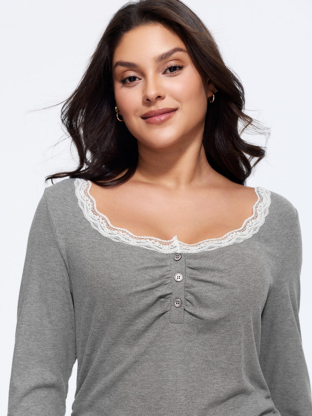 Lace Trim Ruched Ribbed Long Sleeve T-Shirt