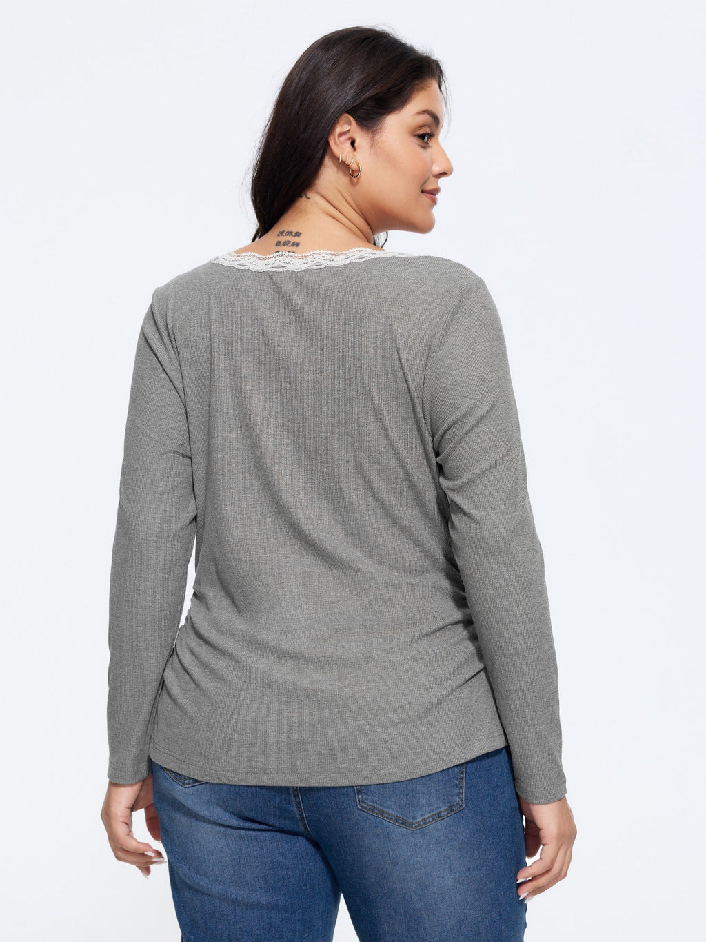 Lace Trim Ruched Ribbed Long Sleeve T-Shirt