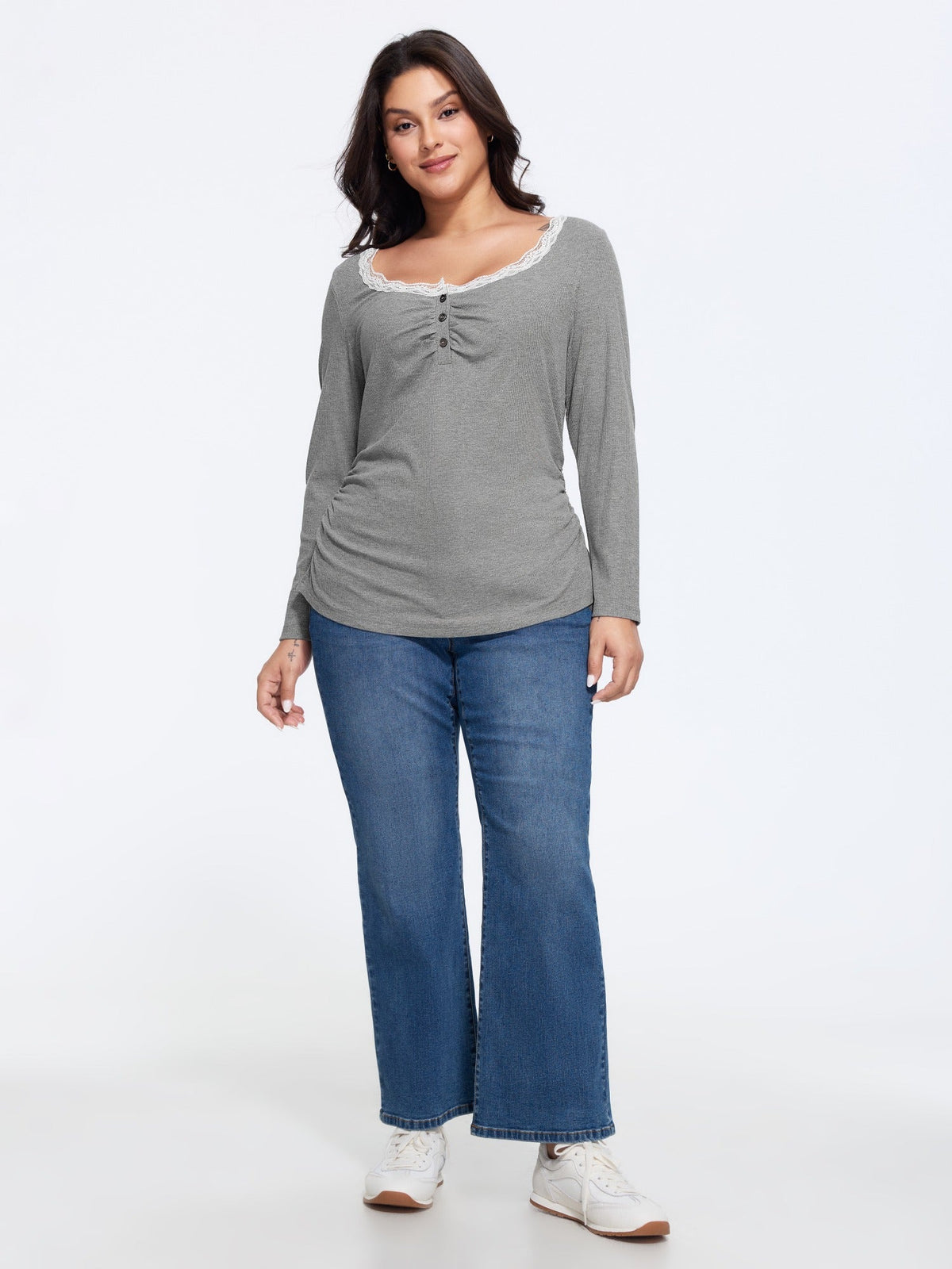Lace Trim Ruched Ribbed Long Sleeve T-Shirt