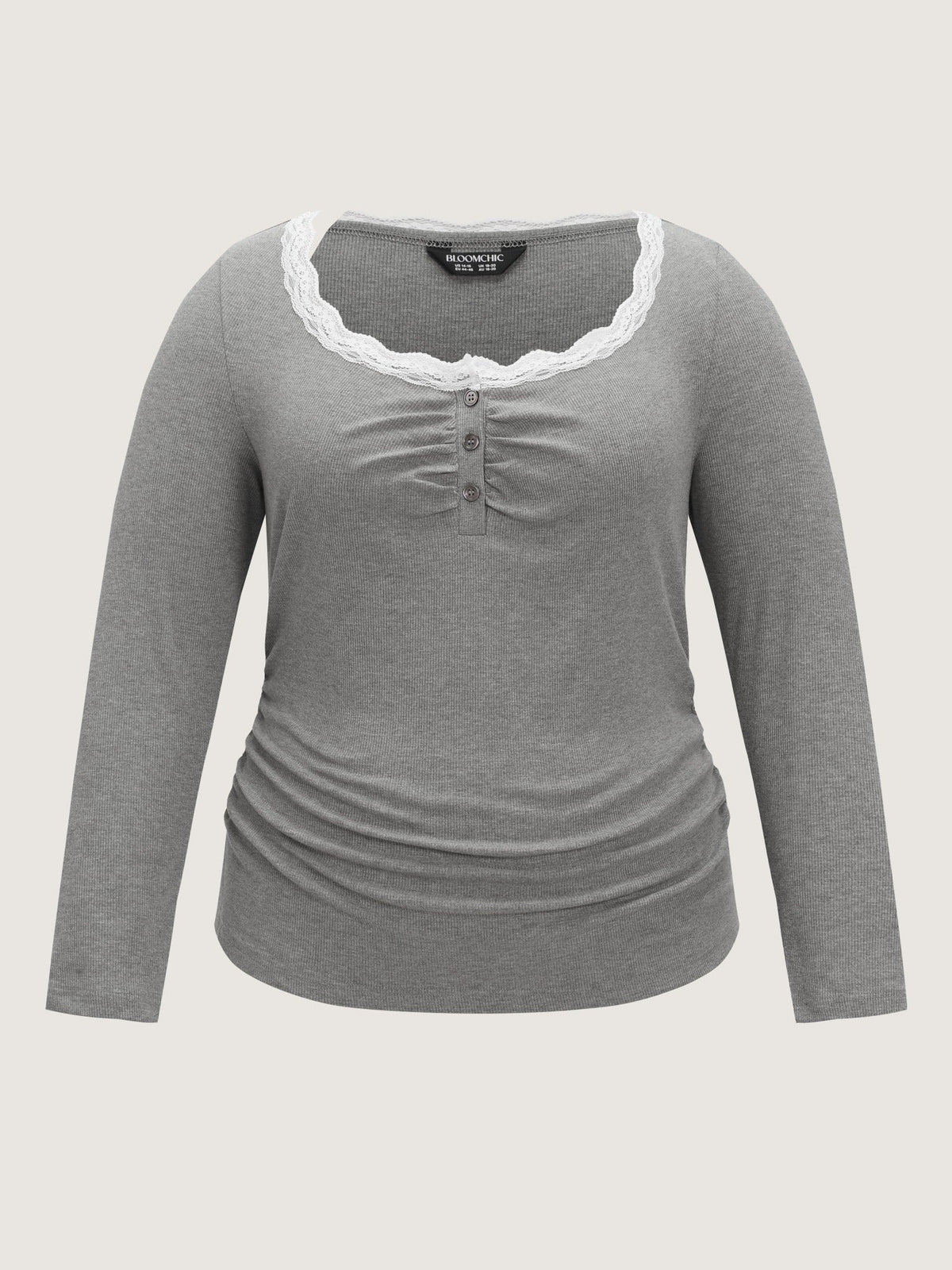 Lace Trim Ruched Ribbed Long Sleeve T-Shirt