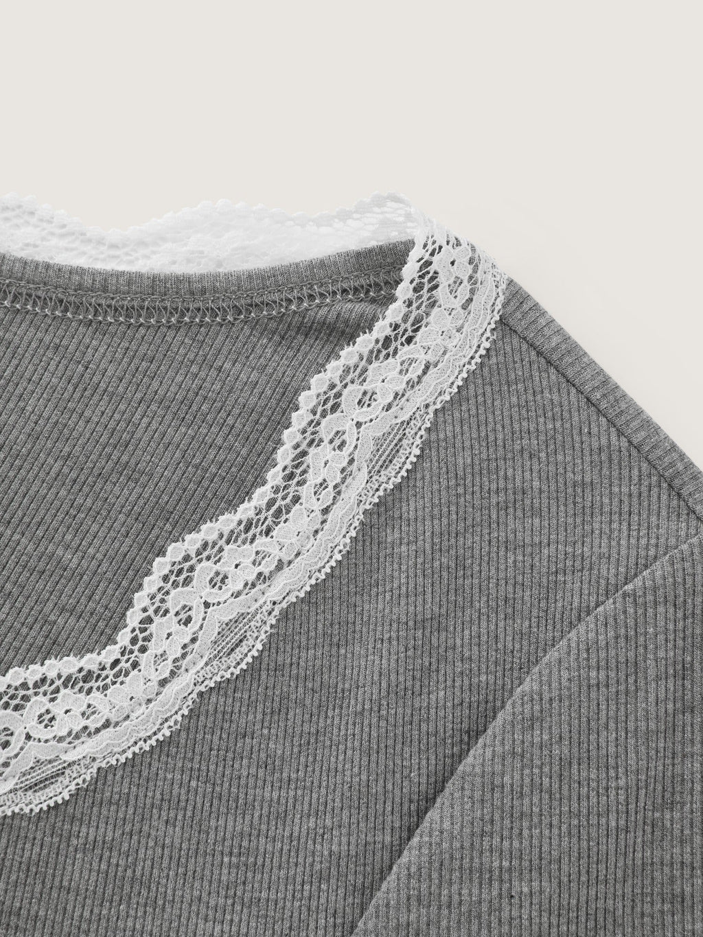 Lace Trim Ruched Ribbed Long Sleeve T-Shirt