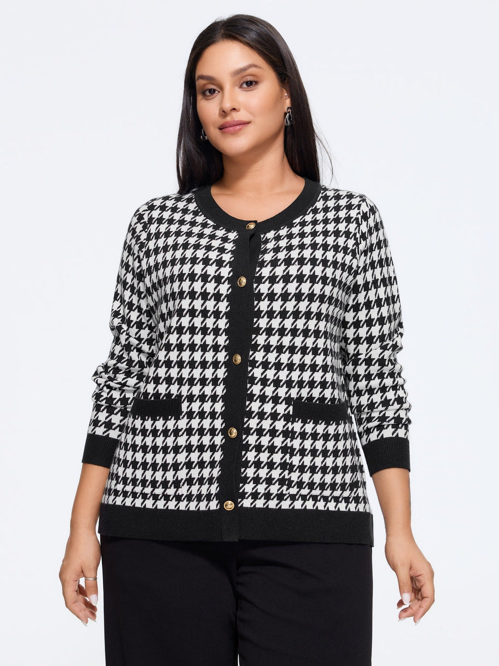 Supersoft Round Neck Button Houndstooth Cardigan
