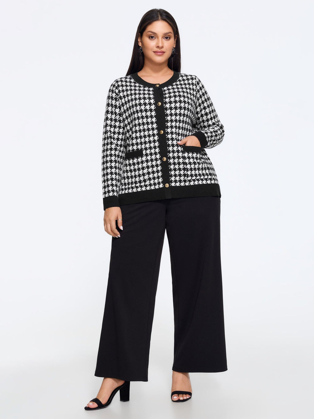 Supersoft Round Neck Button Houndstooth Cardigan