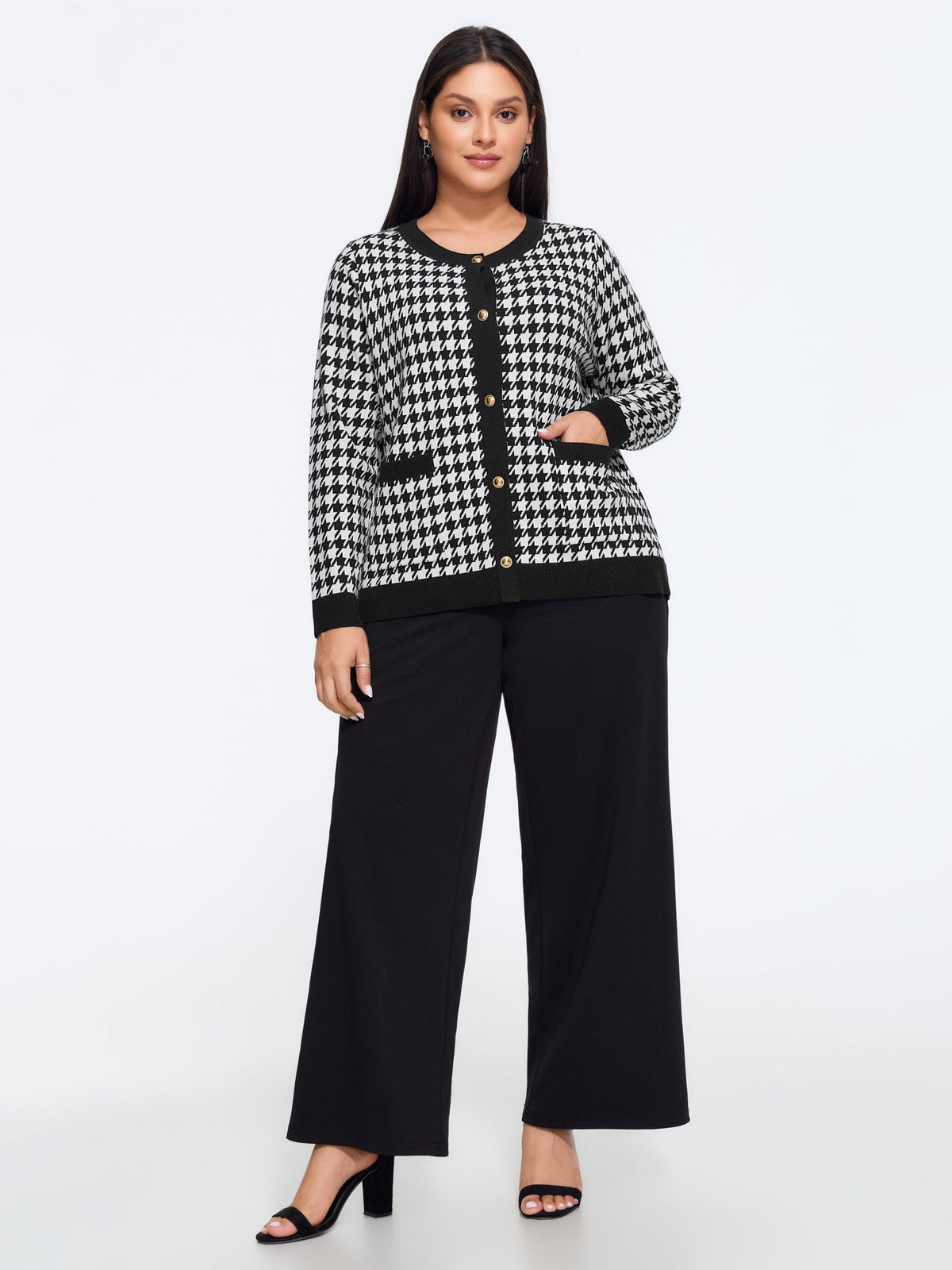 Supersoft Round Neck Button Houndstooth Cardigan