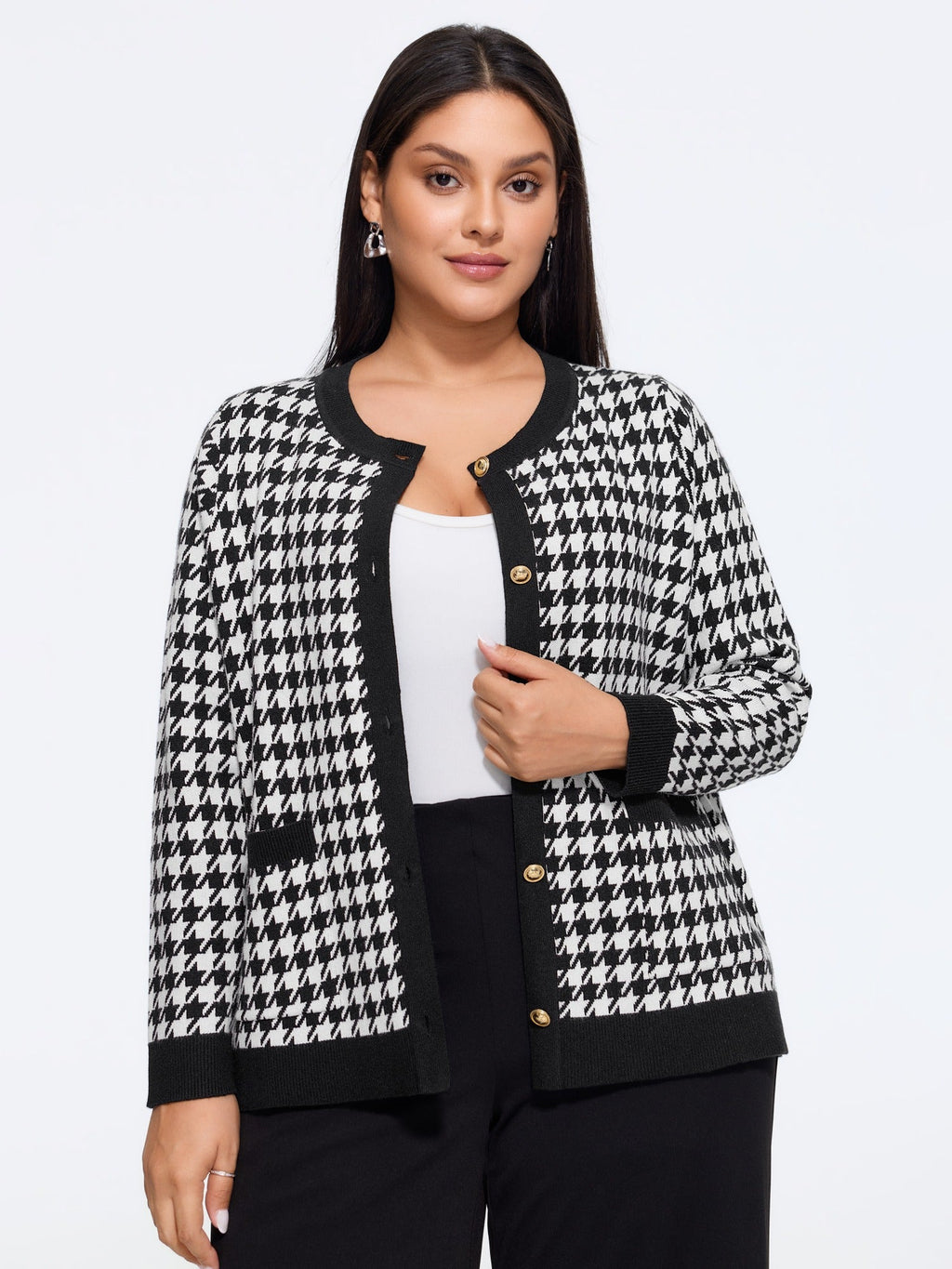 Supersoft Round Neck Button Houndstooth Cardigan