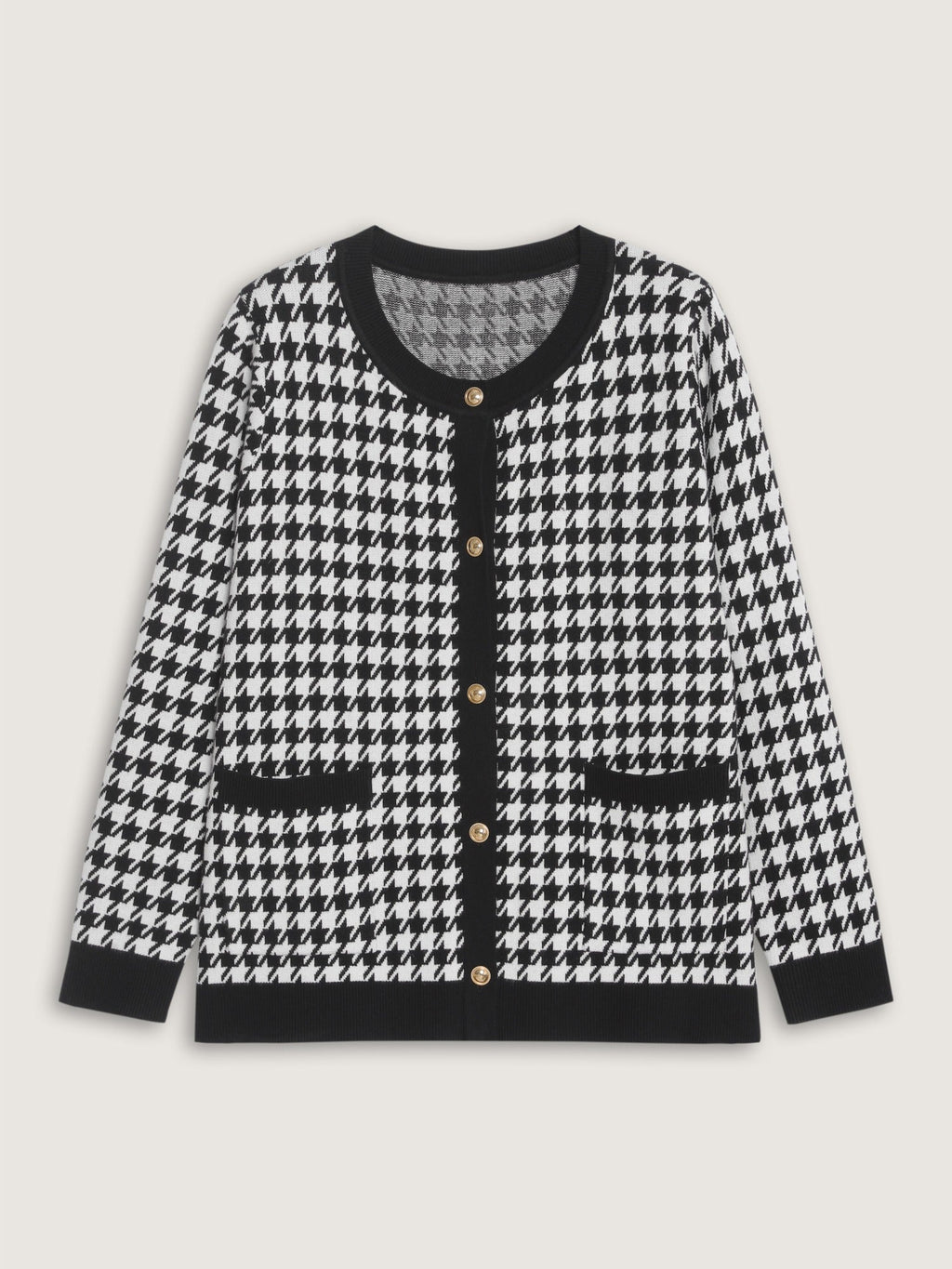 Supersoft Round Neck Button Houndstooth Cardigan