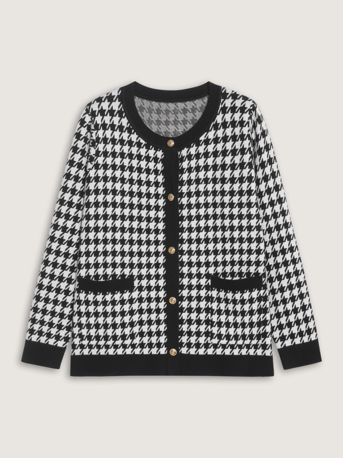 Supersoft Round Neck Button Houndstooth Cardigan